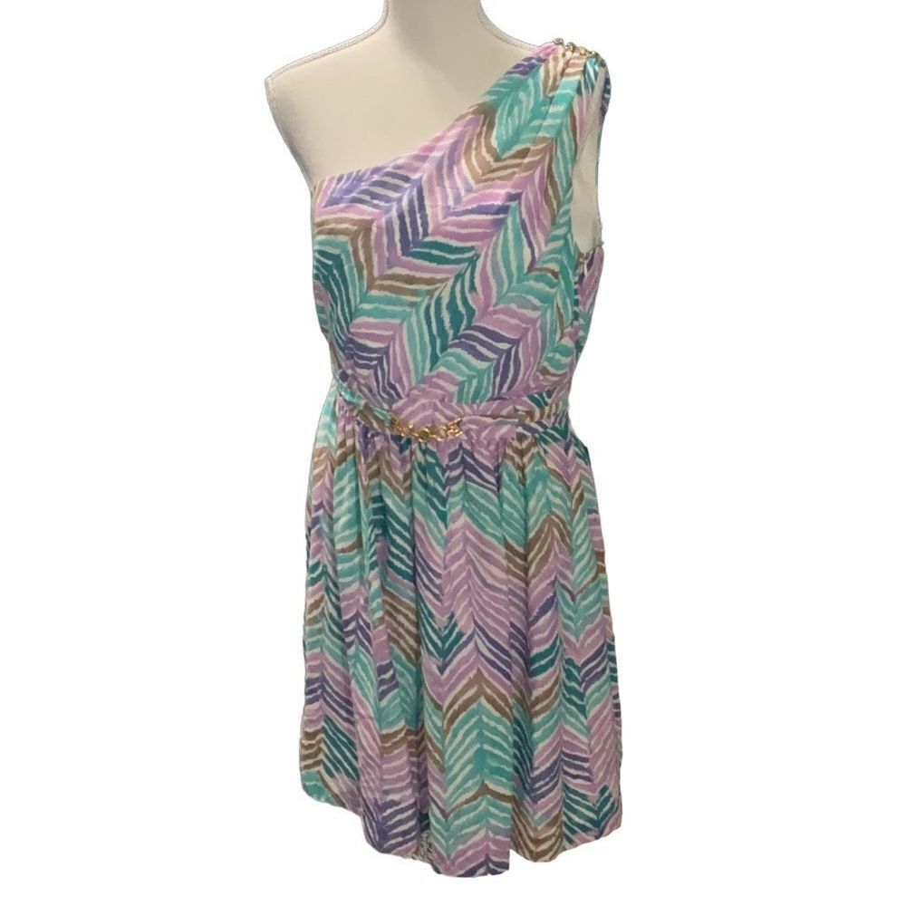 Trina Turk Los Angeles Silk One Shoulder Embellished Chevron Fit Flare Dress 10